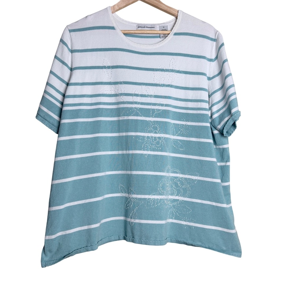 Alfred Dunner Knit Top 2X Teal Coastal Beaded Floral Embroidery Short Sleeve